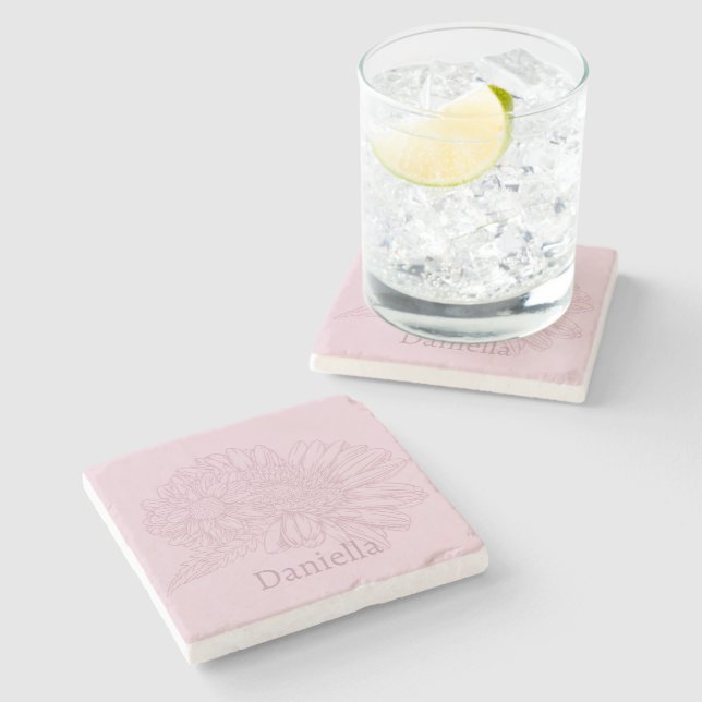 Chrysanthemum Pink Line Drawing with Your Name  Stone Coaster (Side)