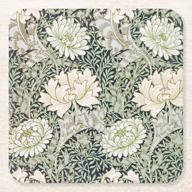 Chrysanthemum, William Morris Square Paper Coaster (Front)