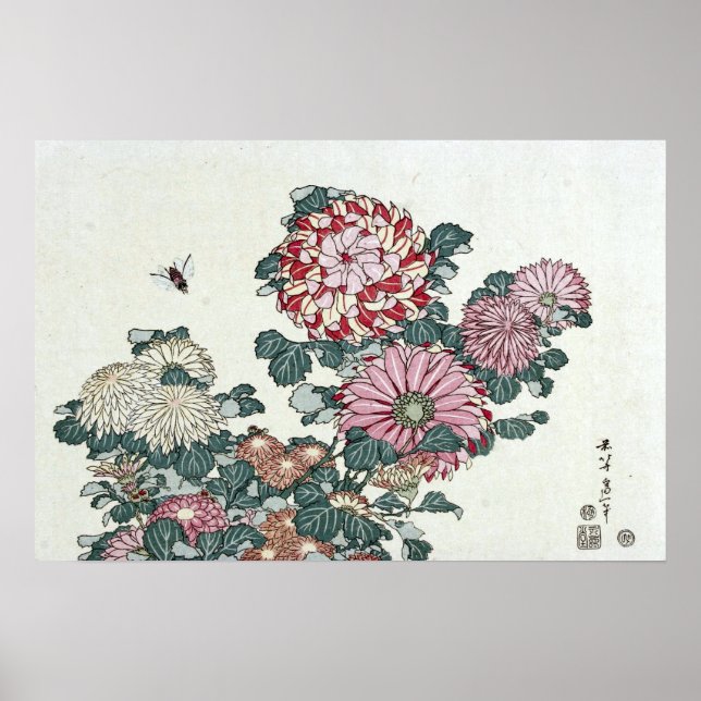 Chrysanthemums & Bee, Japanese Art by Hokusai Poster (Front)