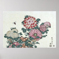 Chrysanthemums & Bee, Japanese Art by Hokusai