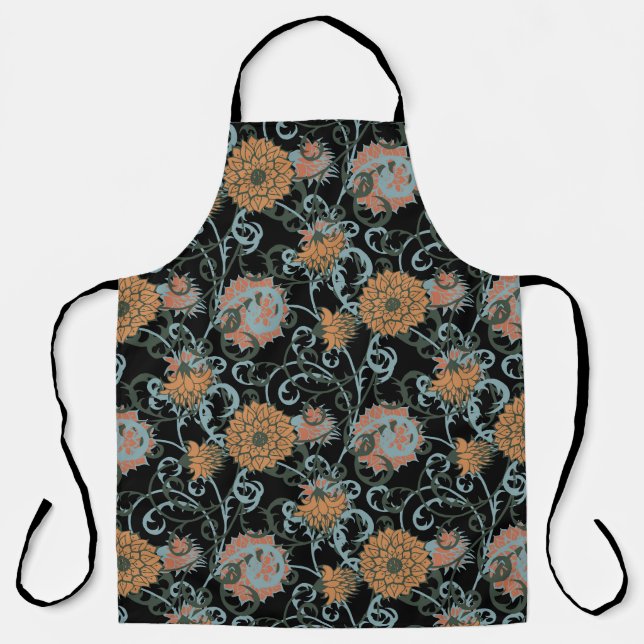 Chrysanthemums Black Background, Floral Vintage. Apron (Front)
