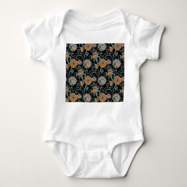 Chrysanthemums Black Background, Floral Vintage. Baby Bodysuit (Front)