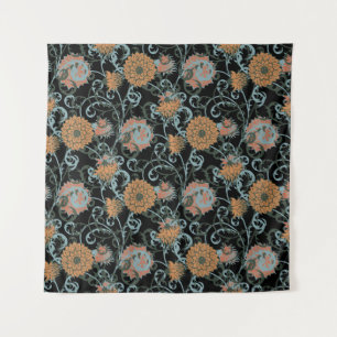 Chrysanthemums Black Background, Floral Vintage. Tapestry