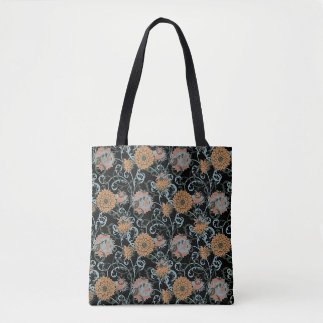 Chrysanthemums Black Background, Floral Vintage. Tote Bag (Front)