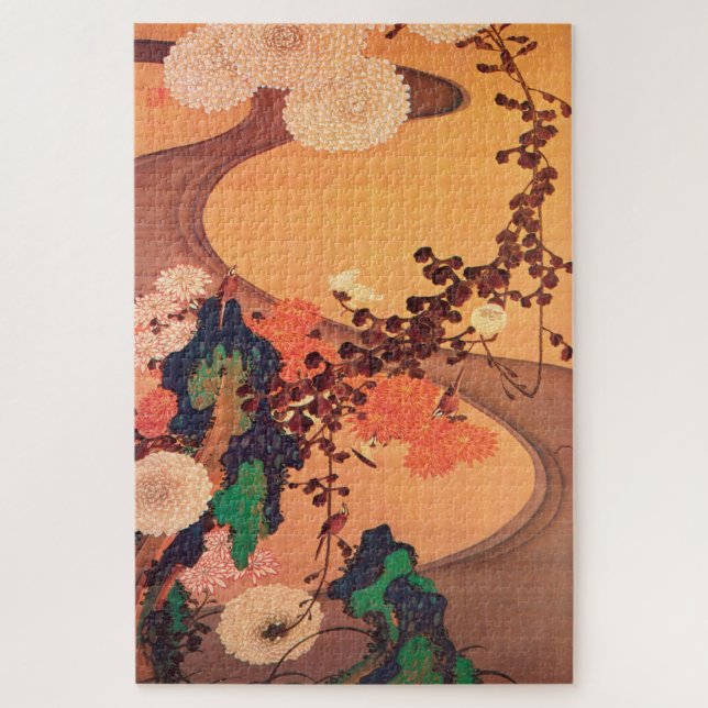 Chrysanthemums by a stream with rocks (1760) jigsaw puzzle (Vertical)