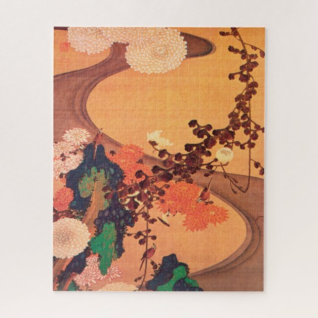 Chrysanthemums by a stream with rocks (1760) jigsaw puzzle (Vertical)