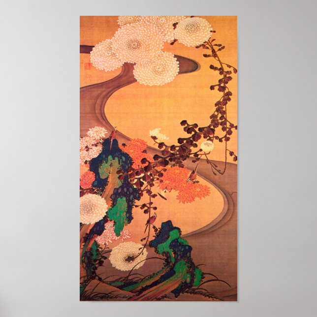 Chrysanthemums by a stream with rocks (1760) poster (Front)