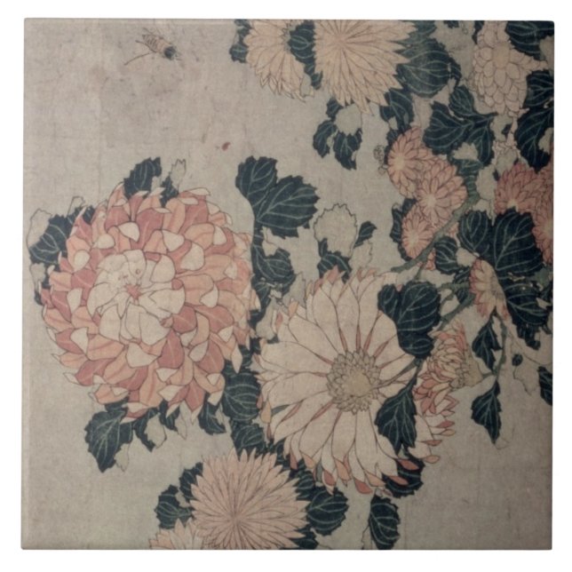 Chrysanthemums (colour woodblock) tile (Front)