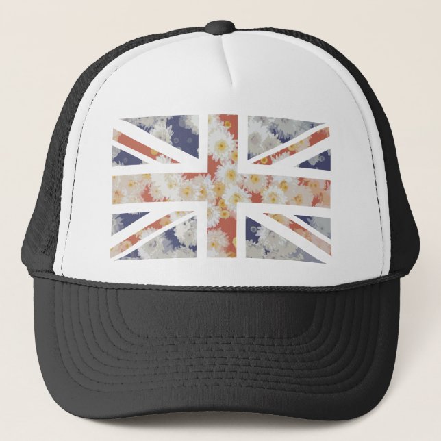 Chrysanthemums Flower Union Jack British(UK) Flag Trucker Hat (Front)