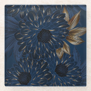 Chrysanthemums hand-drawn, elegant floral pattern. glass coaster