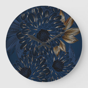 Chrysanthemums hand-drawn, elegant floral pattern. large clock