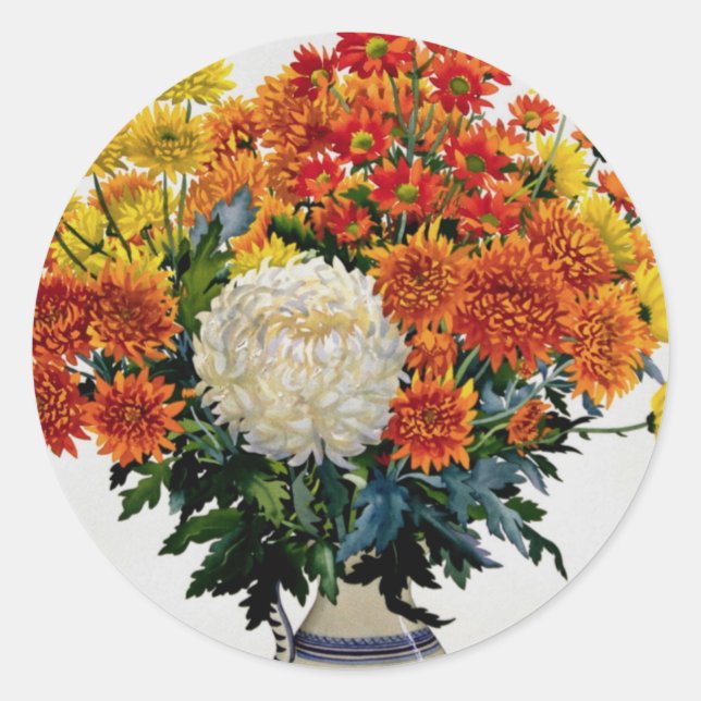 Chrysanthemums in a patterned jug 2005 classic round sticker (Front)