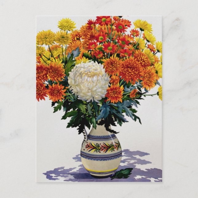Chrysanthemums in a patterned jug 2005 postcard (Front)