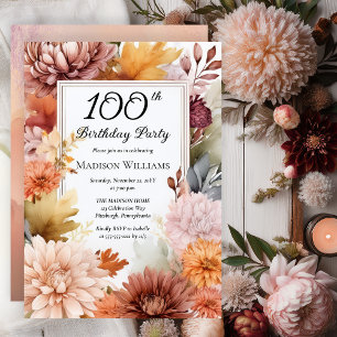 Chrysanthemums Peonies Floral 100th Birthday Party Invitation
