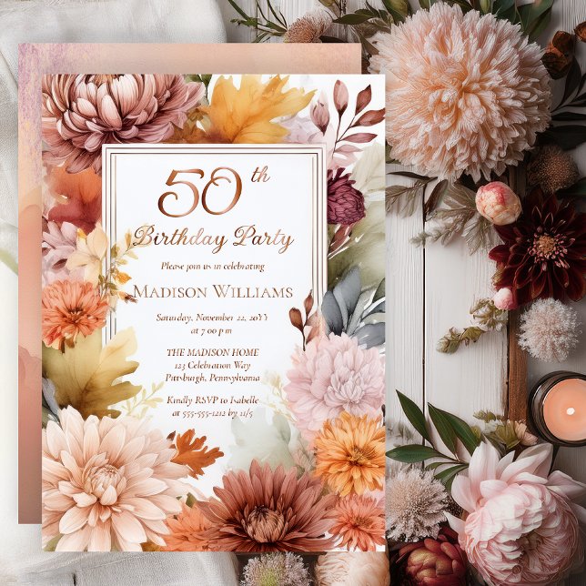 Chrysanthemums Peonies Floral 50th Birthday Party (Elegant Boho Chrysanthemums and Peonies Floral 50th Birthday Party Invitation - Rose Gold Foil)