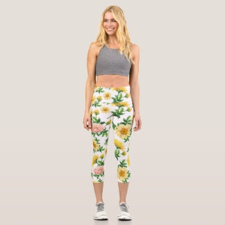 Chrysanthemums Watercolor: Seamless Floral Design Capri Leggings