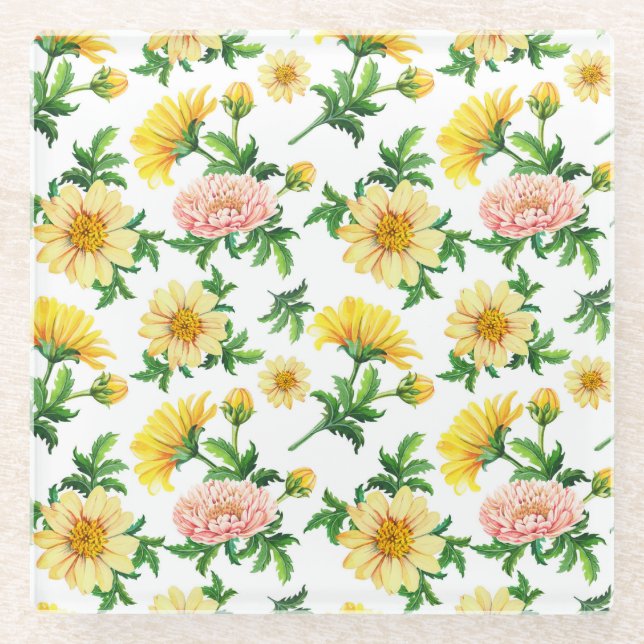 Chrysanthemums Watercolor: Seamless Floral Design Glass Coaster (Front)