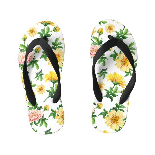 Chrysanthemums Watercolor: Seamless Floral Design Kid's Thongs (Footbed)