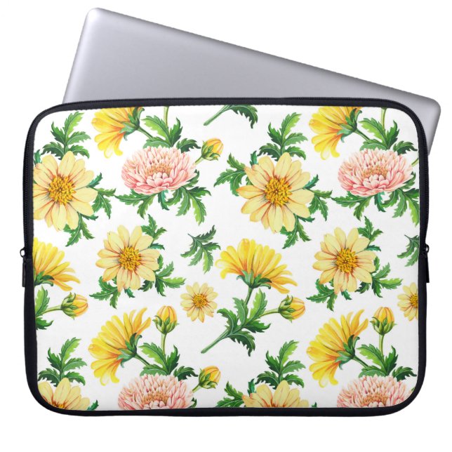 Chrysanthemums Watercolor: Seamless Floral Design Laptop Sleeve (Front)