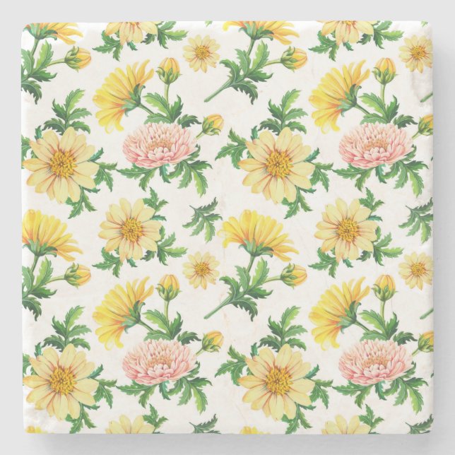 Chrysanthemums Watercolor: Seamless Floral Design Stone Coaster (Front)