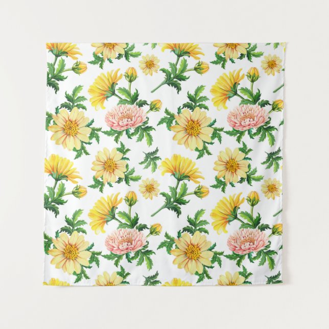 Chrysanthemums Watercolor: Seamless Floral Design Tapestry (Front)