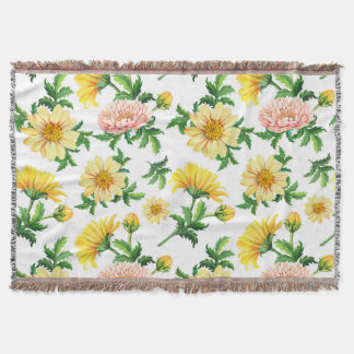 Chrysanthemums Watercolor: Seamless Floral Design Throw Blanket