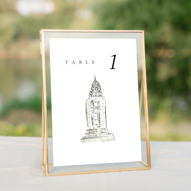 Chrysler Building New York Wedding Table Number (Watercolor Chrysler Building New York City Skyline wedding table number sign.)