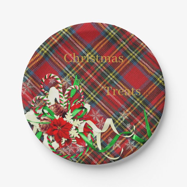 Chtristmas Treats Plaid Tartan Candy Cane Decor Paper Plate (Front)