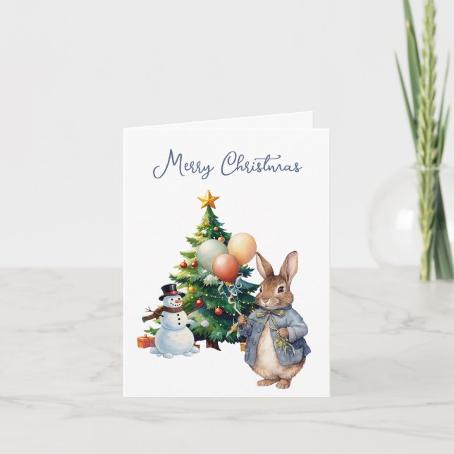 Chubby Bunny Rabbit Christmas tree Holiday Card (Front)