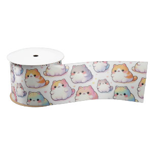 Chubby Cartoon Cat Collection With Hearts Satin Ribbon