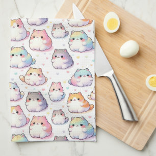 Chubby Cartoon Cat Collection With Hearts Tea Towel