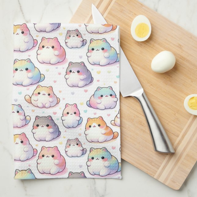 Chubby Cartoon Cat Collection With Hearts Tea Towel (Quarter Fold)