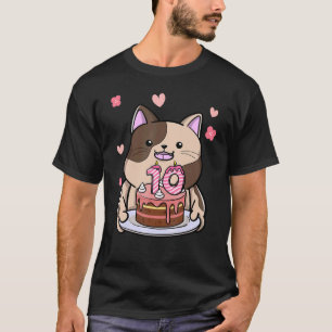 Chubby Cat Holding A Birthday Cake 10th Year Bday T-Shirt