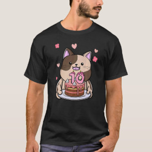 Chubby Cat Holding A Birthday Cake 10th Year Bday T-Shirt