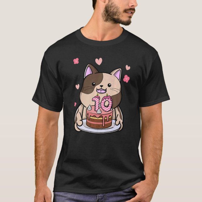 Chubby Cat Holding A Birthday Cake 10th Year Bday T-Shirt (Front)