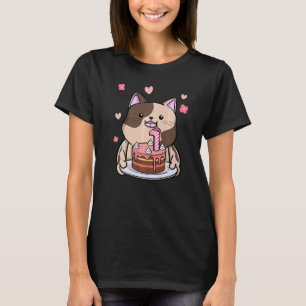 Chubby Cat Holding A Birthday Cake 1st Year Bday T-Shirt