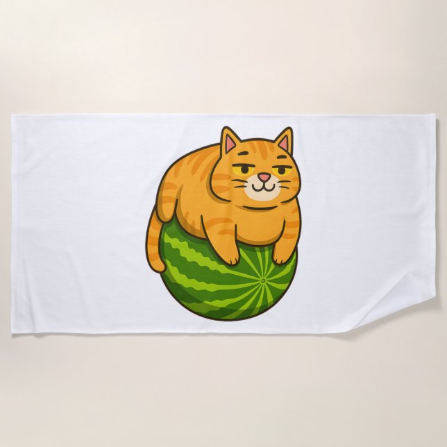 Chubby Cat on Watermelon Meme Shirt Beach Towel (Front)