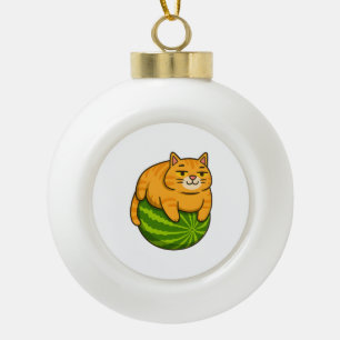 Chubby Cat on Watermelon Meme Shirt Ceramic Ball Christmas Ornament