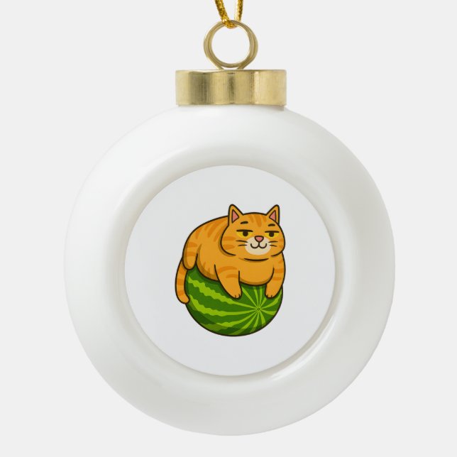 Chubby Cat on Watermelon Meme Shirt Ceramic Ball Christmas Ornament (Front)