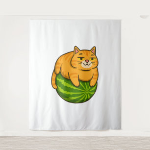 Chubby Cat on Watermelon Meme Shirt Tapestry