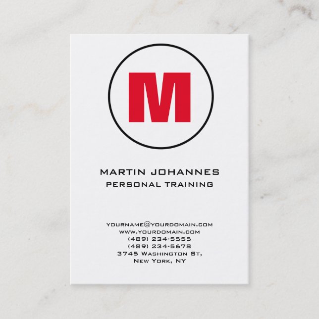 Chubby Circle Monogram White Red Personal Trainer Business Card (Front)