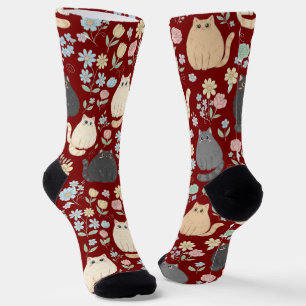 Chubby Cute Cats and Pastel Flowers Pattern Socks