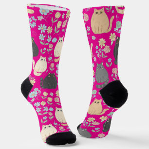 Chubby Cute Cats and Pastel Flowers Pattern Socks