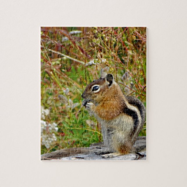 Chubby cute chipmunk on  on wood stump jigsaw puzzle (Vertical)