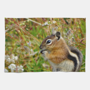 Chubby cute chipmunk on on wood stump tea towel