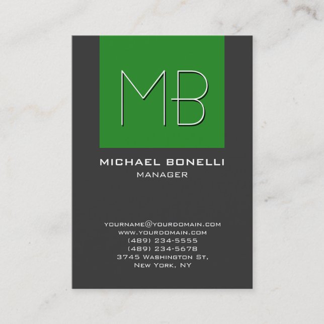 Chubby forest green grey monogram business card (Front)
