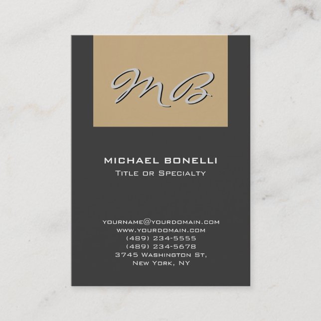 Chubby grey beige monogram unique business card (Front)