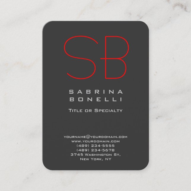 Chubby Grey Red Round Monogram Business Card (Front)