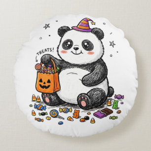 Chubby Halloween Panda with Candy Belly & Witch Ha Round Cushion