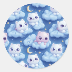 "Chubby Kawaii Cats and Clouds 3D Seamless Pattern Classic Round Sticker